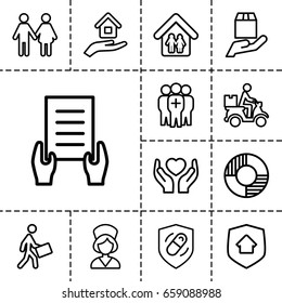 Insurance icon. set of 13 outline insuranceicons such as holding document, courier, courier on motorcycle, cargo protection, hands holding heart, health insurance