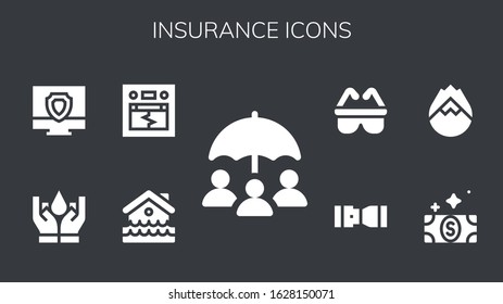 insurance icon set. 9 filled insurance icons. Included Insurance, Disaster, Earthquake, Antivirus, Bill, Forest fire, Seat belt, Safety icons
