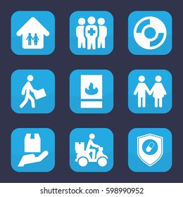 insurance icon. Set of 9 filled insurance icons such as courier, courier on motorcycle, cargo protection, health insurance, medical group, family home, fire protection
