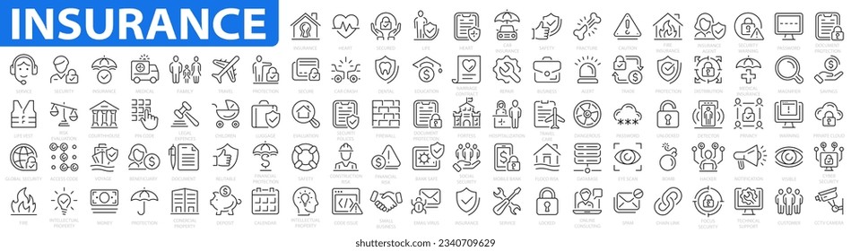 Insurance icon set. Assurance icons. Halthcare medical, life, car, home, travel insurance, safe, wounded, drown, repair. Vector illustration.