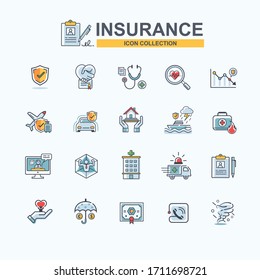 Insurance icon set for business Insurance, medical, property, protect, family life, healthcare, Natural calamity, travel, transport and financial protection. Minimal cartoon vector.