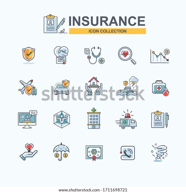 Insurance icon set\
for business Insurance, medical, property, protect, family life,\
healthcare, Natural calamity, travel, transport and financial\
protection. Minimal cartoon\
vector.