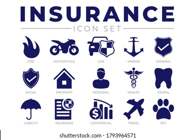 Insurance Icon Set with Car, Property, Fire, Life, Pet, Travel, Dental, Health, Marine, Liability Insurance Icons