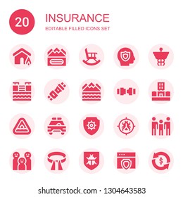 insurance icon set. Collection of 20 filled insurance icons included Insurance, Earthquake, Retirement, Caduceus, Tsunami, Seat belt, Flood, Safety belt, Safety car, Antivirus