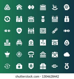 insurance icon set. Collection of 36 filled insurance icons included Life, Belt, Lifejacket, Antivirus, Healthcare, Investment, Firedrive, Avalanche, Flood, Caduceus, Forest fire