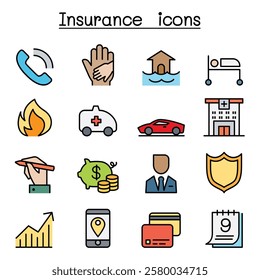 Insurance icon set in color line style