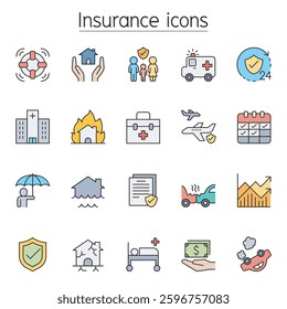 Insurance icon set in color line style