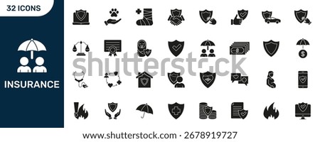 Insurance Icon Set. Comprehensive Coverage, Health, Auto, And Financial Protection Silhouette Symbol Collection. Diverse Insurance Including Medical, Life, And Property. Isolated Vector Illustration.
