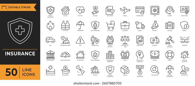 Insurance icon set. Containing Life, health, property, accident, Medical, and more. Vector illustration