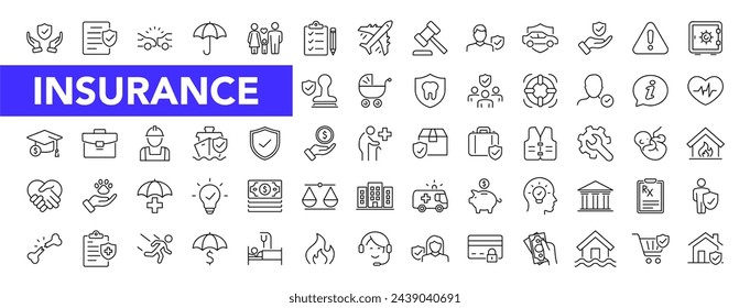 Insurance icon set with editable stroke. Insurance and assurance thin line icon collection. Vector illustration