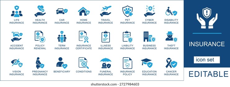 Insurance icon set. featuring life, health, car, home, travel, cyber, and business insurance symbols for financial and legal web design.