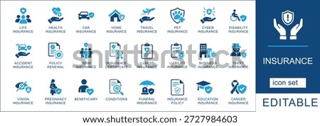 Insurance icon set. featuring life, health, car, home, travel, cyber, and business insurance symbols for financial and legal web design.