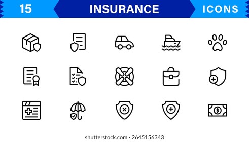 Conjunto de ícones de seguro com conceitos de proteção, política, cobertura, solicitações e gerenciamento de riscos em um estilo de vetor limpo, profissional e comercializável