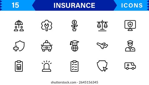 Conjunto de ícones de seguro com conceitos de proteção, política, cobertura, solicitações e gerenciamento de riscos em um estilo de vetor limpo, profissional e comercializável
