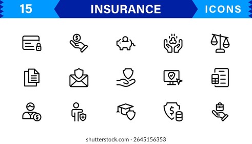 Conjunto de ícones de seguro com conceitos de proteção, política, cobertura, solicitações e gerenciamento de riscos em um estilo de vetor limpo, profissional e comercializável
