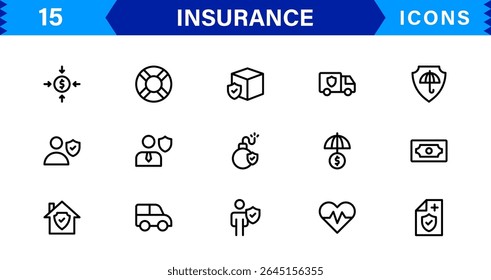 Conjunto de ícones de seguro com conceitos de proteção, política, cobertura, solicitações e gerenciamento de riscos em um estilo de vetor limpo, profissional e comercializável