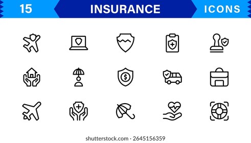 Conjunto de ícones de seguro com conceitos de proteção, política, cobertura, solicitações e gerenciamento de riscos em um estilo de vetor limpo, profissional e comercializável