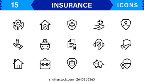 Conjunto de ícones de seguro com conceitos de proteção, política, cobertura, solicitações e gerenciamento de riscos em um estilo de vetor limpo, profissional e comercializável
