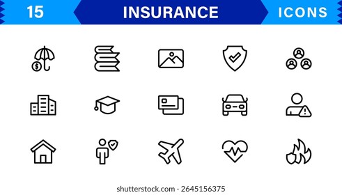 Conjunto de ícones de seguro com conceitos de proteção, política, cobertura, solicitações e gerenciamento de riscos em um estilo de vetor limpo, profissional e comercializável