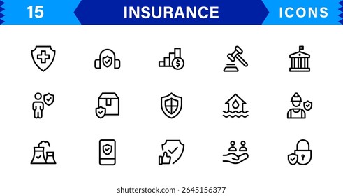 Conjunto de ícones de seguro com conceitos de proteção, política, cobertura, solicitações e gerenciamento de riscos em um estilo de vetor limpo, profissional e comercializável