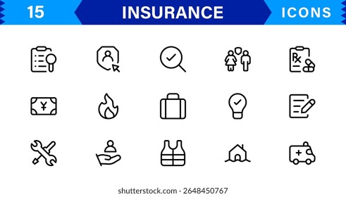 Conjunto de ícones de seguro com conceitos de proteção, política, cobertura, solicitações e gerenciamento de riscos em um estilo de vetor limpo, profissional e comercializável