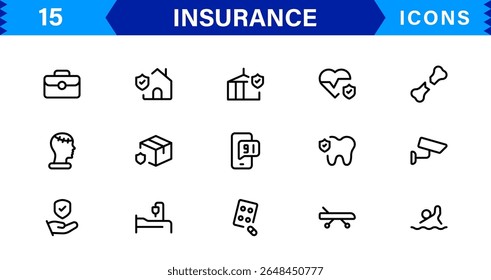 Conjunto de ícones de seguro com conceitos de proteção, política, cobertura, solicitações e gerenciamento de riscos em um estilo de vetor limpo, profissional e comercializável
