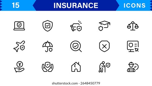 Conjunto de ícones de seguro com conceitos de proteção, política, cobertura, solicitações e gerenciamento de riscos em um estilo de vetor limpo, profissional e comercializável
