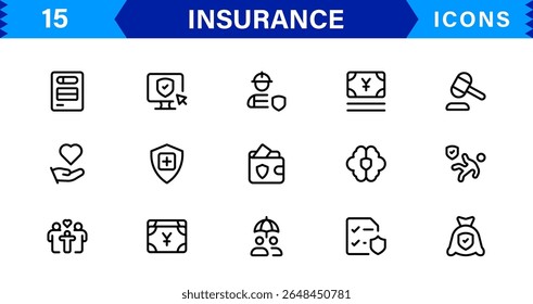 Conjunto de ícones de seguro com conceitos de proteção, política, cobertura, solicitações e gerenciamento de riscos em um estilo de vetor limpo, profissional e comercializável