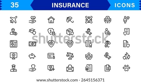 Insurance Icon Set Featuring Protection, Policy, Coverage, Claims, and Risk Management Concepts in a Clean, Professional, and Marketable Vector Style
