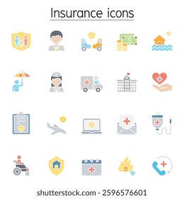 Insurance icon set in flat color style