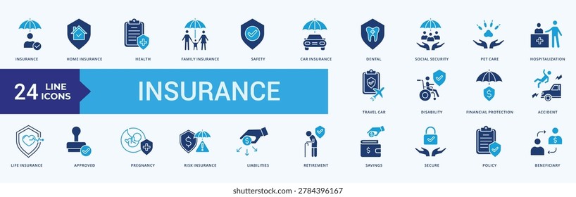 Insurance Icon Set Illustration Vector Flat Blue Style with insurance, home insurance, health, family insurance, safety 