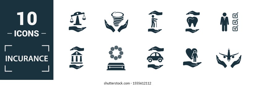 Insurance icon set. Include creative elements medical insurance, travel, life insurance, finance insurance, protection icons. Can be used for report, presentation, diagram, web design.