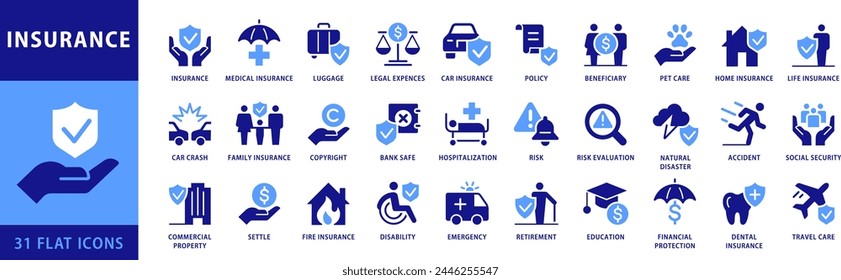 Insurance icon set. With medical, Legal, Car, Pet, Travel Insurance icons and much more. Dual Color Flat icons vector collection