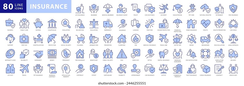 Insurance icon set. With medical, Legal, Car, Pet, Travel Insurance icons and much more. Dual Color Flat icons vector collection