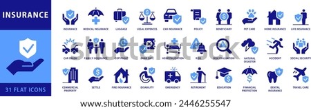 Insurance icon set. With medical, Legal, Car, Pet, Travel Insurance icons and much more. Dual Color Flat icons vector collection