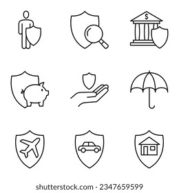 Insurance icon set. Protection of health, life and property. Outline icons collection. Vector illustration.
