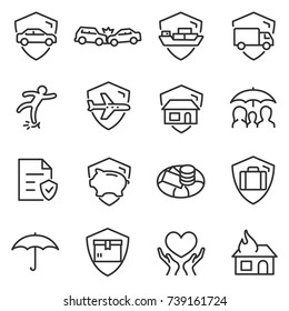 Insurance icon set. Protection of health, life and property, linear design. Line with editable stroke