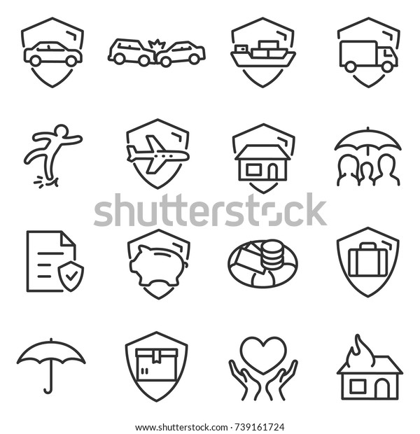 Insurance icon set. Protection\
of health, life and property, linear design. Line with editable\
stroke