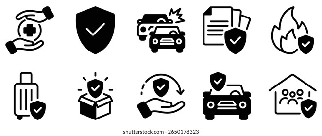 Insurance Icon Set Solid Style Collection representing protection coverage and risk management suitable for insurance services financial platforms and client support tools