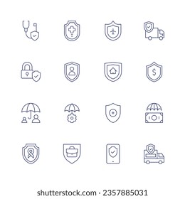 Icon-Set für Versicherungen. Dünne Linie Symbol. Bearbeitbarer Strich. Mit Krankenversicherung, Reiseversicherung, LKW, Padlock, persönliche Sicherheit, Schild, Schutz, Risikomanagement, Regenschirm, Smartphone, Van.