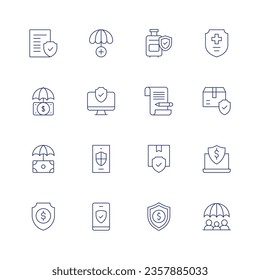 Insurance icon set. Thin line icon. Editable stroke. Containing legal document, life insurance, luggage, medical insurance, money, monitor, notes, package, protection, phone, security, shield.