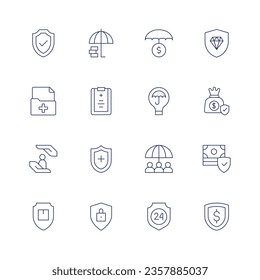 Juego de iconos de seguros. Icono de línea delgada. Trazo editable. Contienen seguros, seguros de inversión, joyas, informes médicos, mitigación, bolsa de dinero, protección, protección, seguridad, protección, protección, protección.