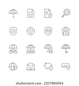 Icon-Set für Versicherungen. Dünne Linie Symbol. Bearbeitbarer Strich. Enthält Zwischenablage, Heimversicherung, Krankenversicherung, Dokument, Versicherung.
