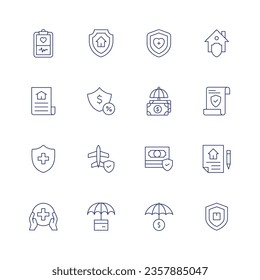Insurance icon set. Thin line icon. Editable stroke. Containing clipboard, home insurance, medical, document, health insurance, healthcare.