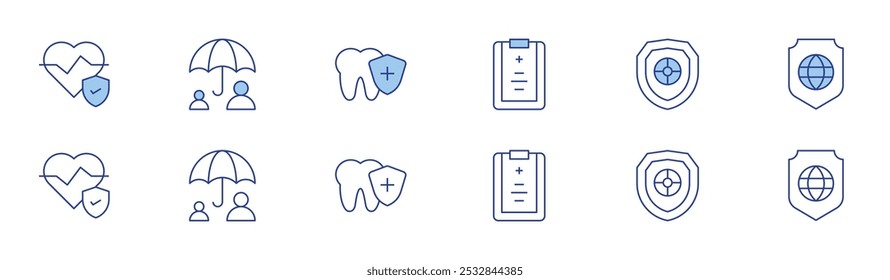 Insurance icon set in two styles, Duotone and Thin Line style. Editable stroke. health insurance, protection, medical report, insurance, global protection, dental care.