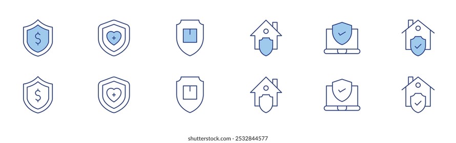 Ícone de seguro definido em dois estilos, Duotônico e Linha fina. Curso editável. escudo, seguro médico, seguro de casa, seguro, seguro, casa.