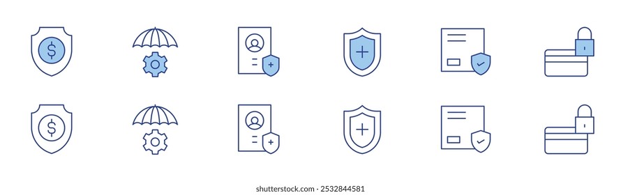 Ícone de seguro definido em dois estilos, Duotônico e Linha fina. Curso editável. Segurança, proteção, gerenciamento de riscos, seguro, seguro de saúde, cartão de crédito.