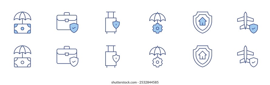 Insurance icon set in two styles, Duotone and Thin Line style. Editable stroke. protection, risk management, insurance, home insurance.