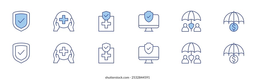 Insurance icon set in two styles, Duotone and Thin Line style. Editable stroke. monitor, insurance, shield, healthcare, health insurance.