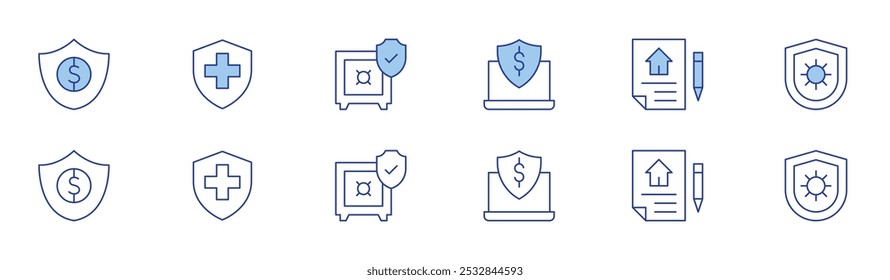 Ícone de seguro definido em dois estilos, Duotônico e Linha fina. AVC editável. proteção, seguro, seguro médico, cofre, coronavírus.